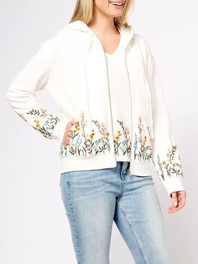 Driftwood x Free People White Maui Embroidered Boho Zip Up Hoodie Size Medium